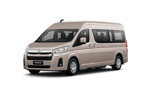 Toyota Hiace Premio Luxury coklat muda metallic tampak serong depan dan samping untuk layanan sewa Hiace Luxury Jakarta dengan driver profesional